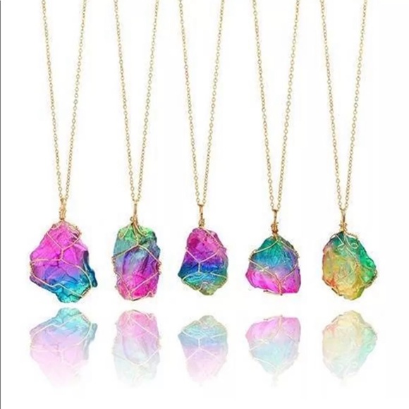Rainbow Crystal Aura Quartz Necklace Gold PRIDE - Picture 4 of 12